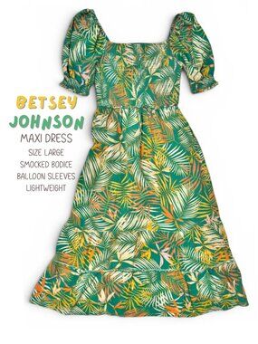 Betsey Johnson Tropical Palm Leaf Smocked Puff Sleeve Maxi Dress L Vacation